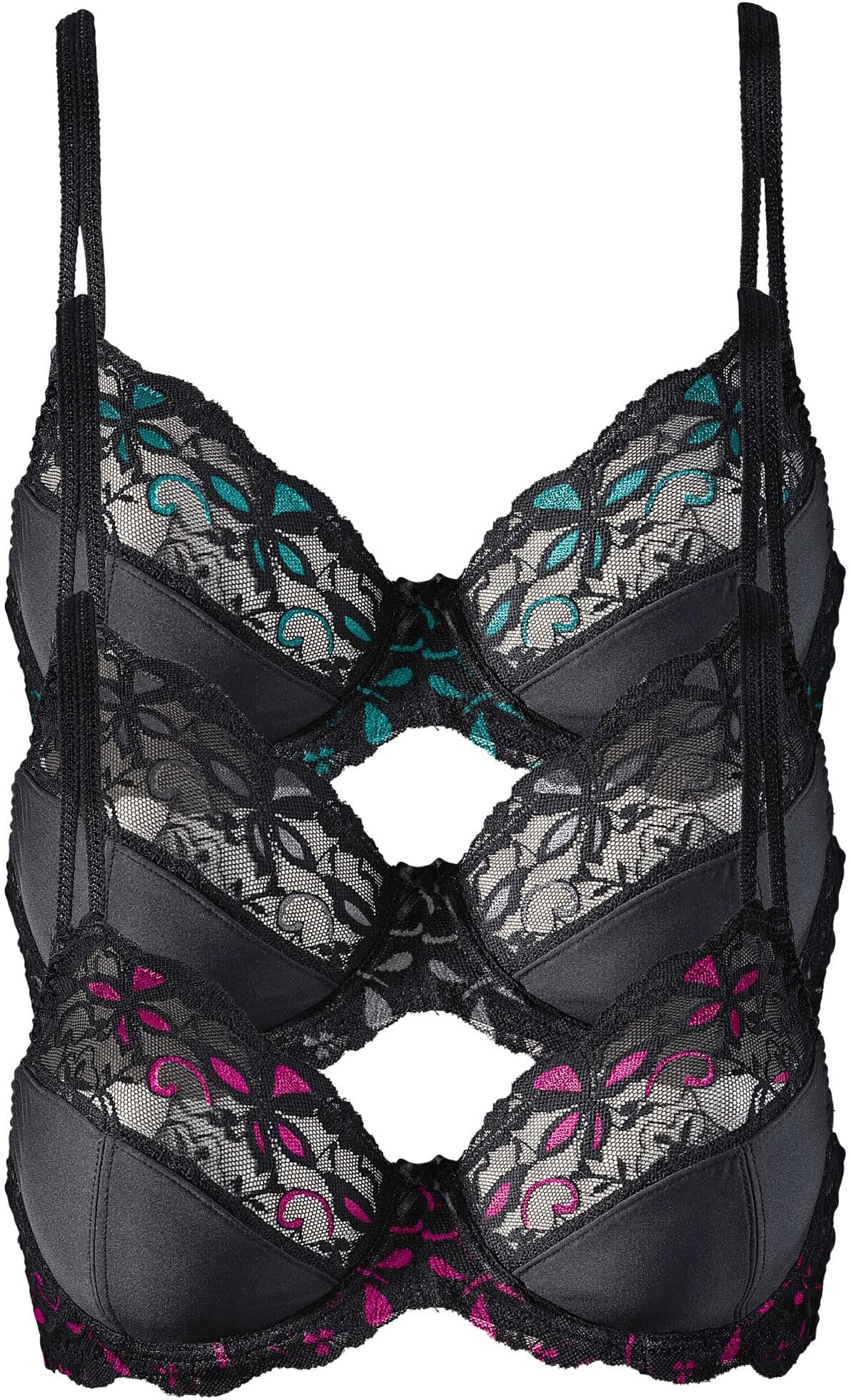 Bügel-BH BONPRIX "Bügel-BH mit zarter Spitze (3er Pack)", Damen, Gr. 80, Cup B, schwarz (sz, pink, sz, grau, sz, türkis), Spitze, Obermaterial: 86% Polyester, 14% Elasthan. Spitze: 75% Polyamid, 15% Viskose, 10% Elasthan, mehrfarbig, BHs Bügel-BH, mit Hak