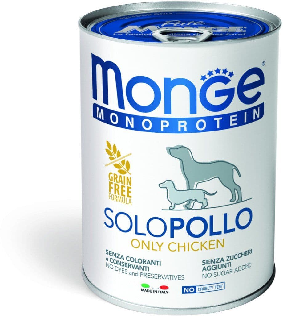 400 g Monge Monoprotein Alimento Completo Monoproteico Cibo Umido Paté per Cani Adulti con Solo Pollo Grain Free e Gluten Free