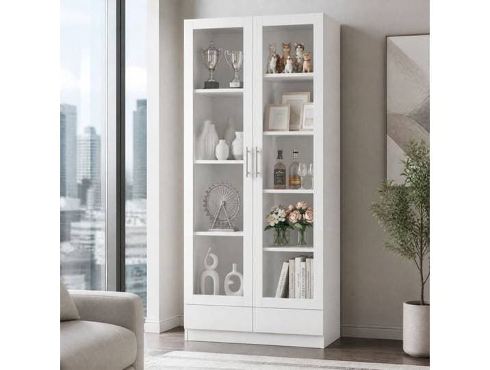 Armoire haute vitrée QAVRYL 80 x 40 x 160 cm 2 portes et 2 tiroirs MDF et verre blanche