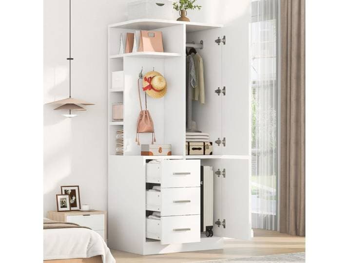 Modenuit Armoire chambre blanche 70 x 50 x 170 cm barre de penderie étagères tiroirs et crochets