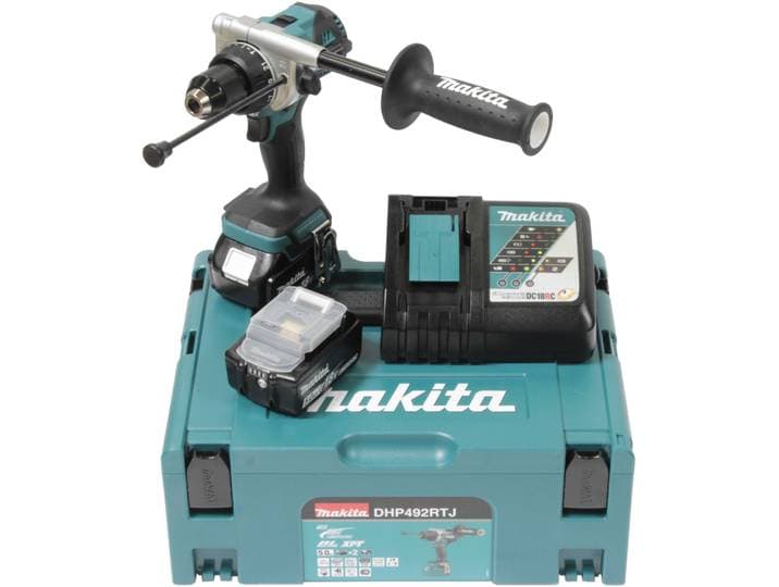 Akku-Schlagbohrschrauber MAKITA DHP492RTJ , blau (petrol), Bohrmaschinen, Akku-Schlagbohrschrauber, inkl. 2 Akkus und Ladegerät