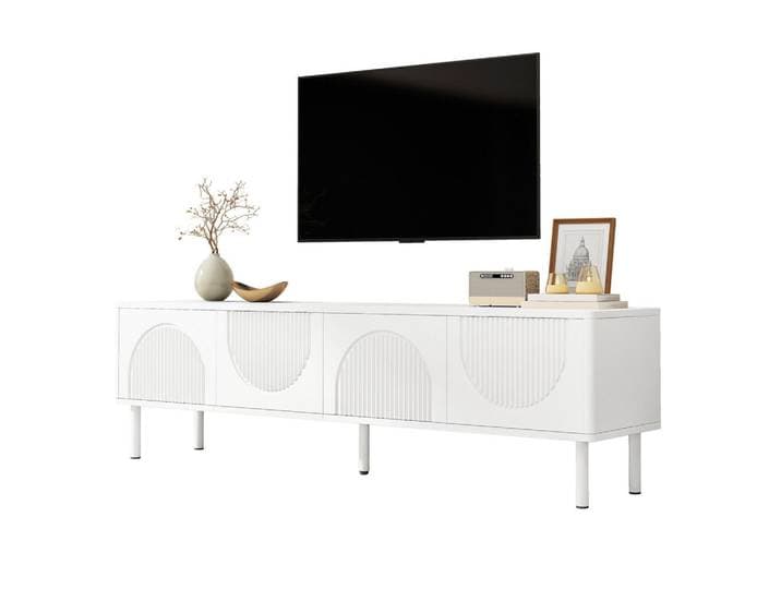 Evryae Lowboard mit 4 geschlossenen Fächern 3D-Relieftüren und Kabelmanagement 180 cm, Weiß, 2 Fächer, Rechteckig,Rechteckig, 180x52x40 cm, Wohnzimmer, TV Möbel, Lowboards, Lowboards stehend