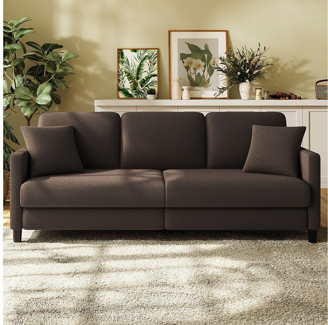 DripeX 3-zitsbank van teddyfluweel, grote comfortabele rechte bank van massief hout, loveseat met armleuningen, 210 x 79 x 89 cm - Bruin