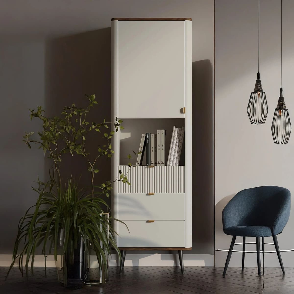 garneroarredamenti Libreria 60x191 cm 1 anta 3 cassetti 1 vano a giorno beige cashmere noce Arden