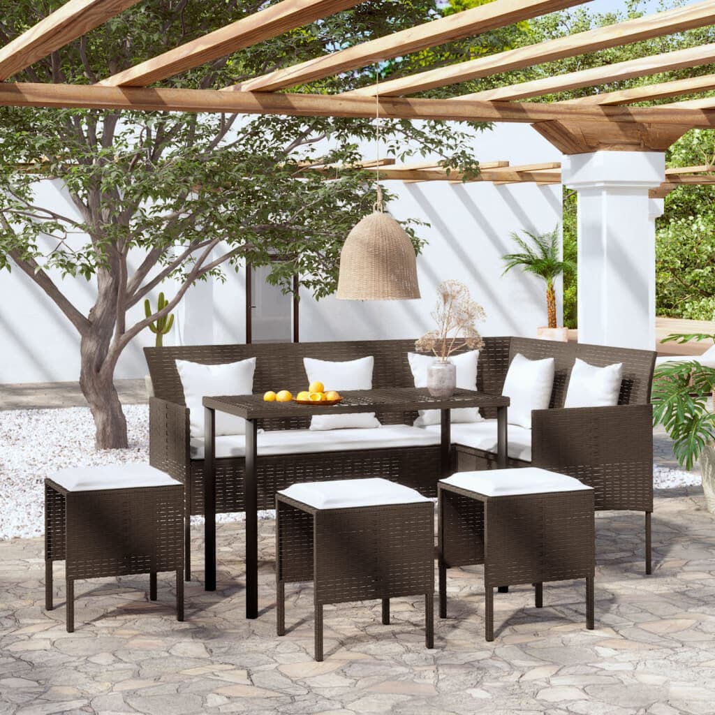 Ebern Designs L-shaped Couch Sofa Set 5 Piece with Cushions Poly Rattan White/Brown/Brown 8