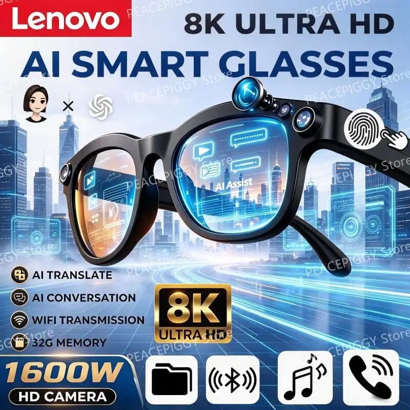Lenovo Smart AI Glasses 1600W HD 8K Shooting Camera Photo Voice Call Translation Bluetooth AI Camera Glasses For Men Women