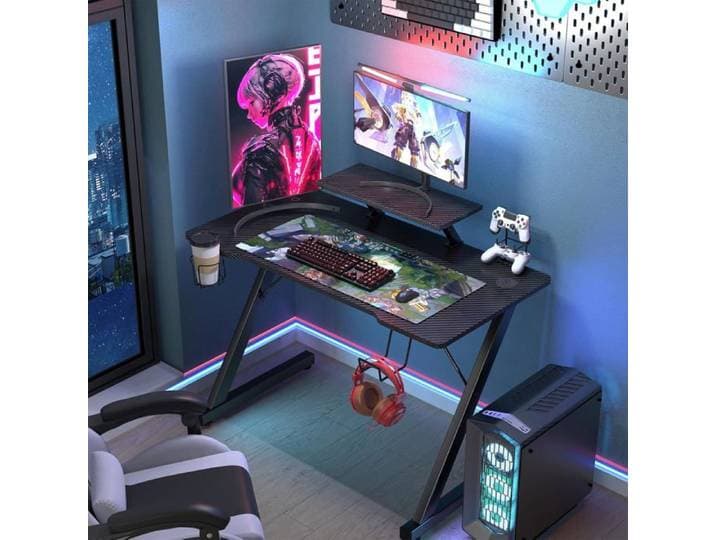 Bureau Gaming 100x55cm Bureau Table Gaming avec Support d'Écran Bureau Gaming avec Plateau en Fibre de Carbone Gaming Desk Table