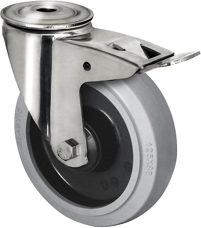 kaiserkraft Elastik-Reifen auf PA-Felge, Edelstahlgehäuse, Rad-Ø x Breite 125 x 38 mm, Rückenloch, ab 2 Stk, Lenkrolle mit Doppelstopp, Kugellager