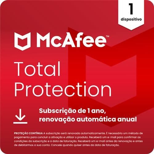 McAfee Total Protection  (Windows, macOS, Android, iOS, ChromeOS) - 1 Dispositivo - Subscrição de 1 ano (Cartão de Chave de Produto ou Transferência Digital)