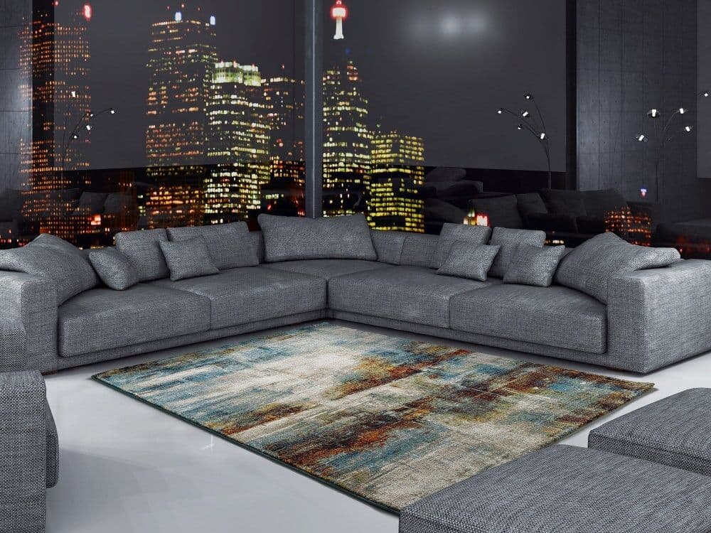 Atticgo Alfombra abstracta beige/azul/caldera 140x200 cm