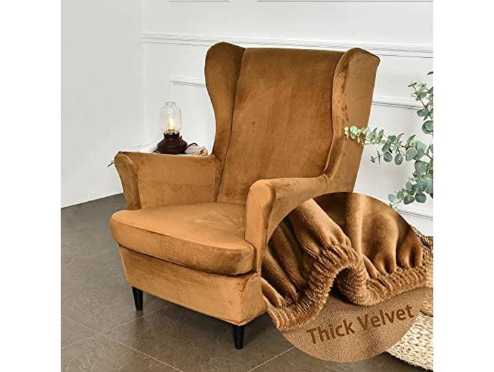 Highdi Wingback stoelhoezen 2-delige stretch vleugelstoel hoes\, modieuze effen kleur. Fluwelen Strandmon bankhoes\, meubelbeschermer voor fauteuil stoelen voor woonkamer\, slaapkamer\, hotel (kameel)
