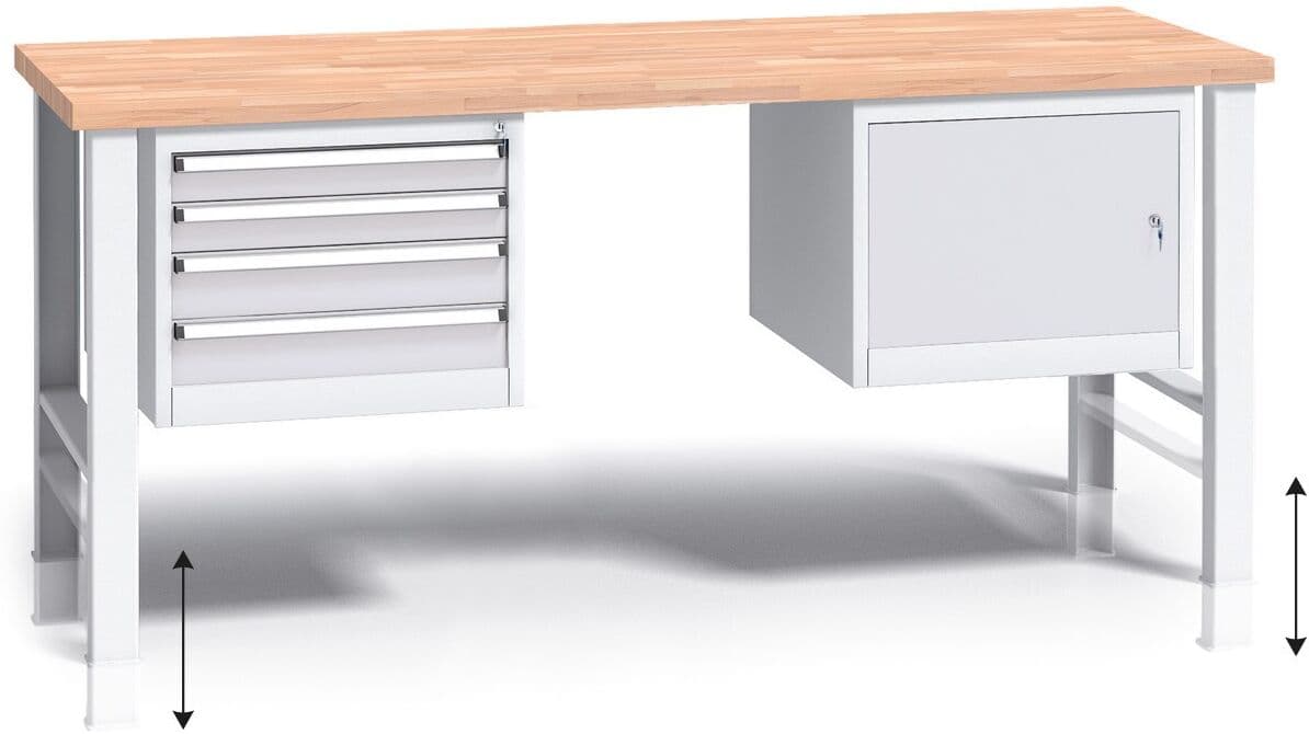 B2B Partner Stół warsztatowy z regulacją wysokości G3, 2000 x 685 x 840-1050 mm, 1x 4 szufladowy kontener, 1x szafka, szary