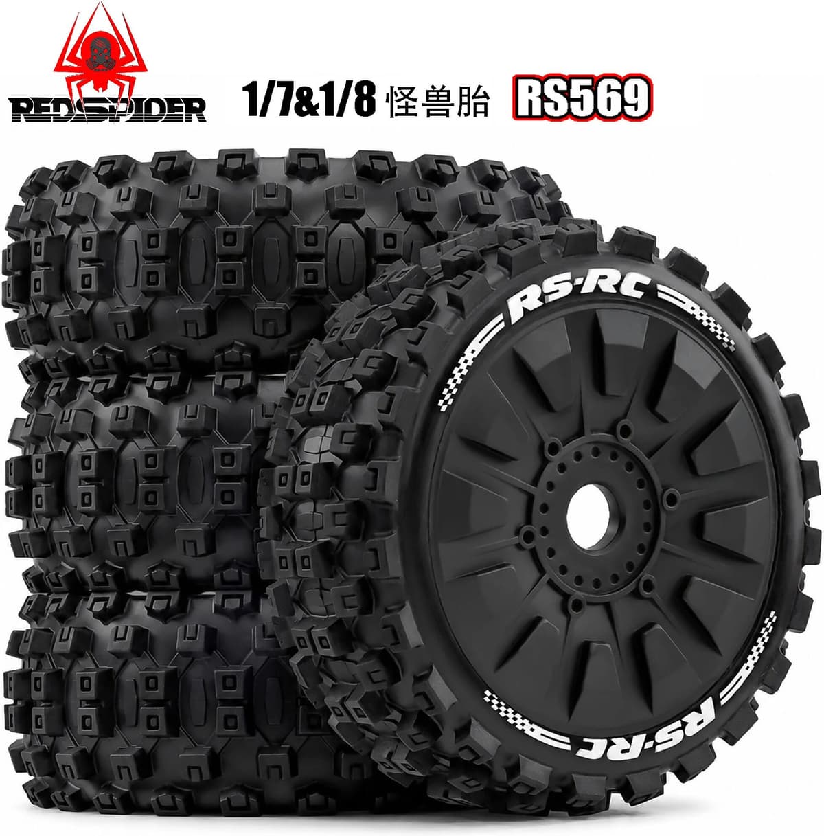 RS RED SPIDER 4Pcs 1/8 RC Off-Road Buggy Wheels Tire 17mm Hex for ARRMA 1/8 Typhon 3S/6S Losi 8IGHT HongNor FS Racing KYOSHO MP9