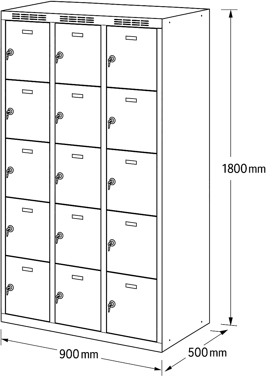 Alfa 3 Šatníková skrinka S6 s úložnými boxami, 15 boxov, 1800 x 900 x 500 mm, cylindrický zámok, tmavosivé dvere