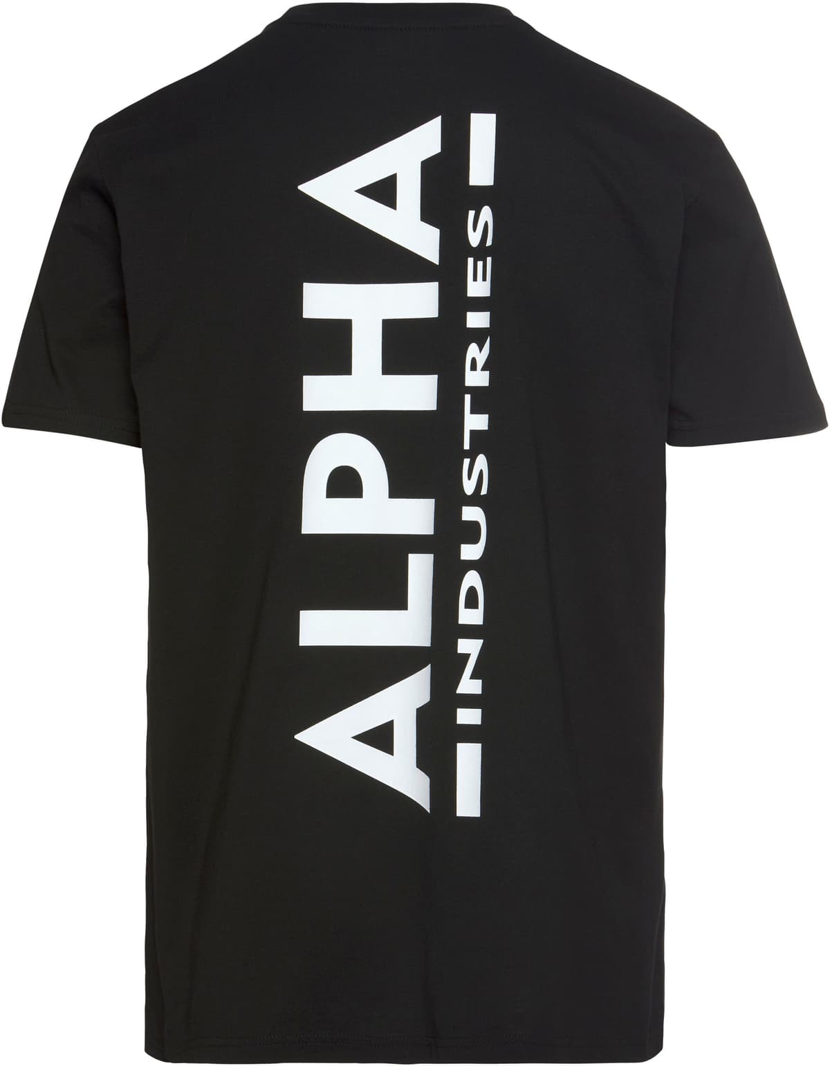 Rundhalsshirt ALPHA INDUSTRIES "Backprint T", Herren, Gr. M, schwarz, Single Jersey, Obermaterial: 80% Baumwolle, 20% Polyester, bedruckt, regular fit normal, Rundhals, Shirts Rundhalsshirt, Baumwolle, regular fit schwarz M