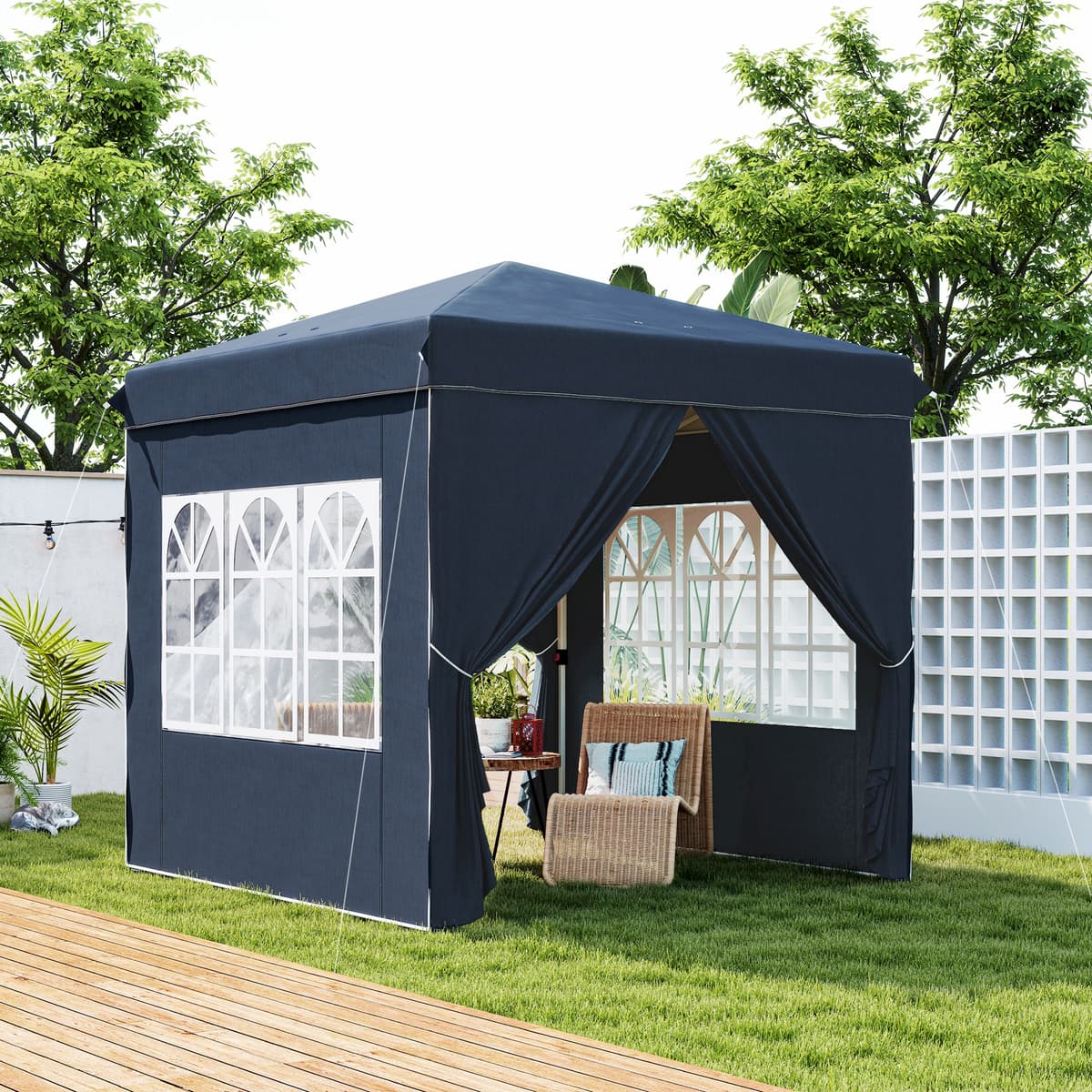 Outsunny Gazebo pop-up 2,5 x 2,5 m con pareti laterali e borsa, tenda da giardino regolabile in altezza UPF50+, Blu scuro   Aosom Italy