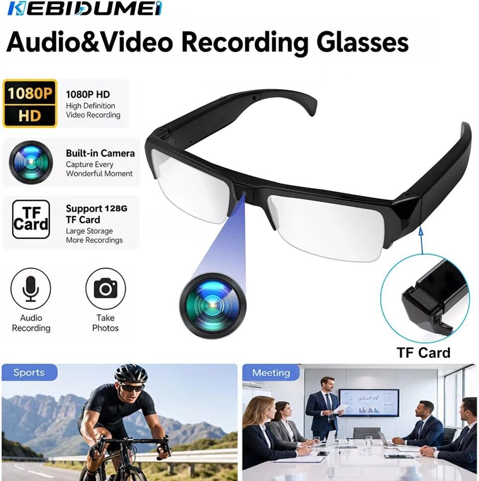KEBIDUMEI Smart Camera Glasses 1080P HD Portable Wearable Audio&Video Recorder Eyeglass Support TF Card for Meeting Cycling Vlog