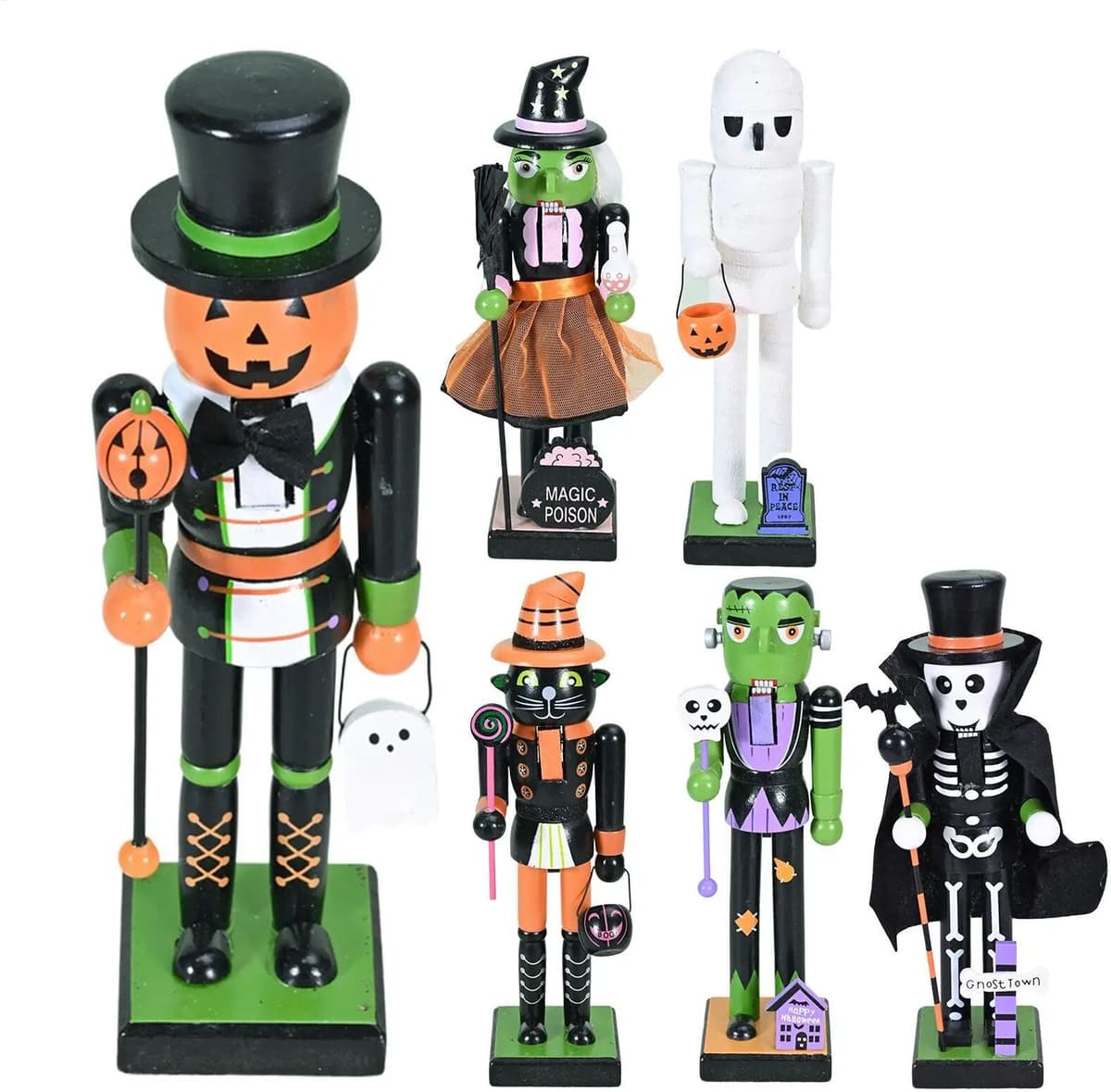NONE Wooden Nutcracker Soldier Halloween, 25Cm Witch Pumpkin Man Skull Mummy Statue Decoration, Unique Display For Desktop Shelf Gift Bag Filler