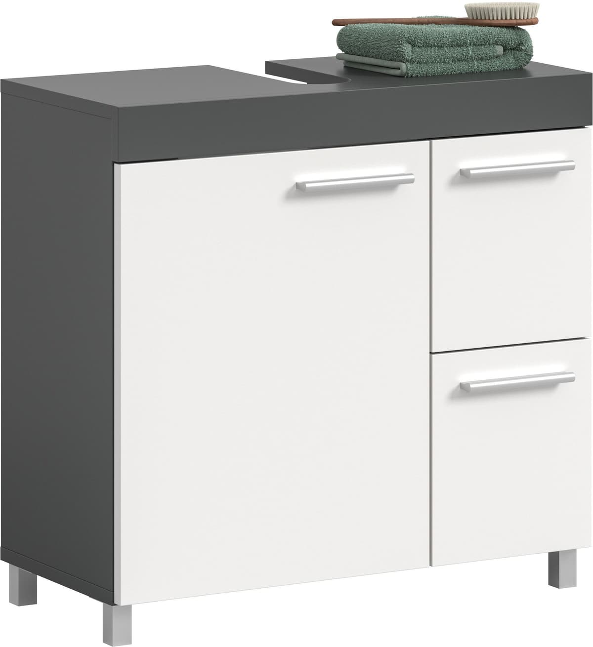 Waschbeckenunterschrank WELLTIME "HANO, Badezimmer, WBU, Waschtisch, Kommode, Unterschrank", schwarz-weiss (anthrazit, weiß), B:65cm H:63cm T:31cm, FSC-zertifizierter Holzwerkstoff, Schränke, Waschbeckenunterschrank, 1 Tür, 2 E-Böden, 2 Fächer, 2 Schubkäs