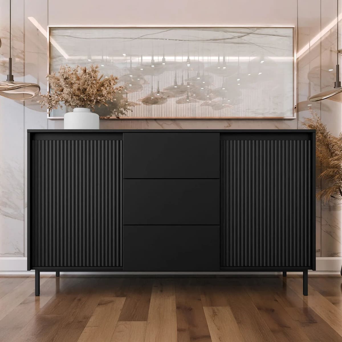 garneroarredamenti Madia 153x90h cm 3 cassetti design cannettato nero Strike