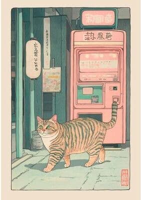 Inspire Select Japanese Tabby Cat Bathtub Canvas Wall Art Japandi Retro Aesthetic Bathroom Poster 7 19.7 27.6 In Unframed