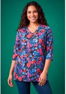 Plus Size Women's Perfect Printed Three-Quarter-Sleeve V-Neck Tunic by Woman Within in Black Multi Garden (Size 14/16)