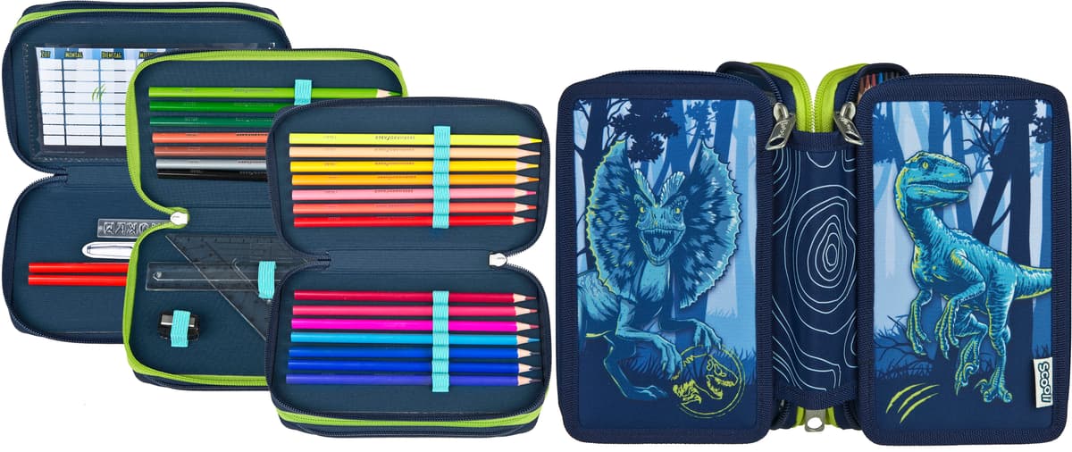 Federmäppchen SCOOLI "Tripledecker", Kinder, blau (jurassic world), Polyester, Schreibgeräteetuis Federmäppchen jurassic world Einheitsgröße