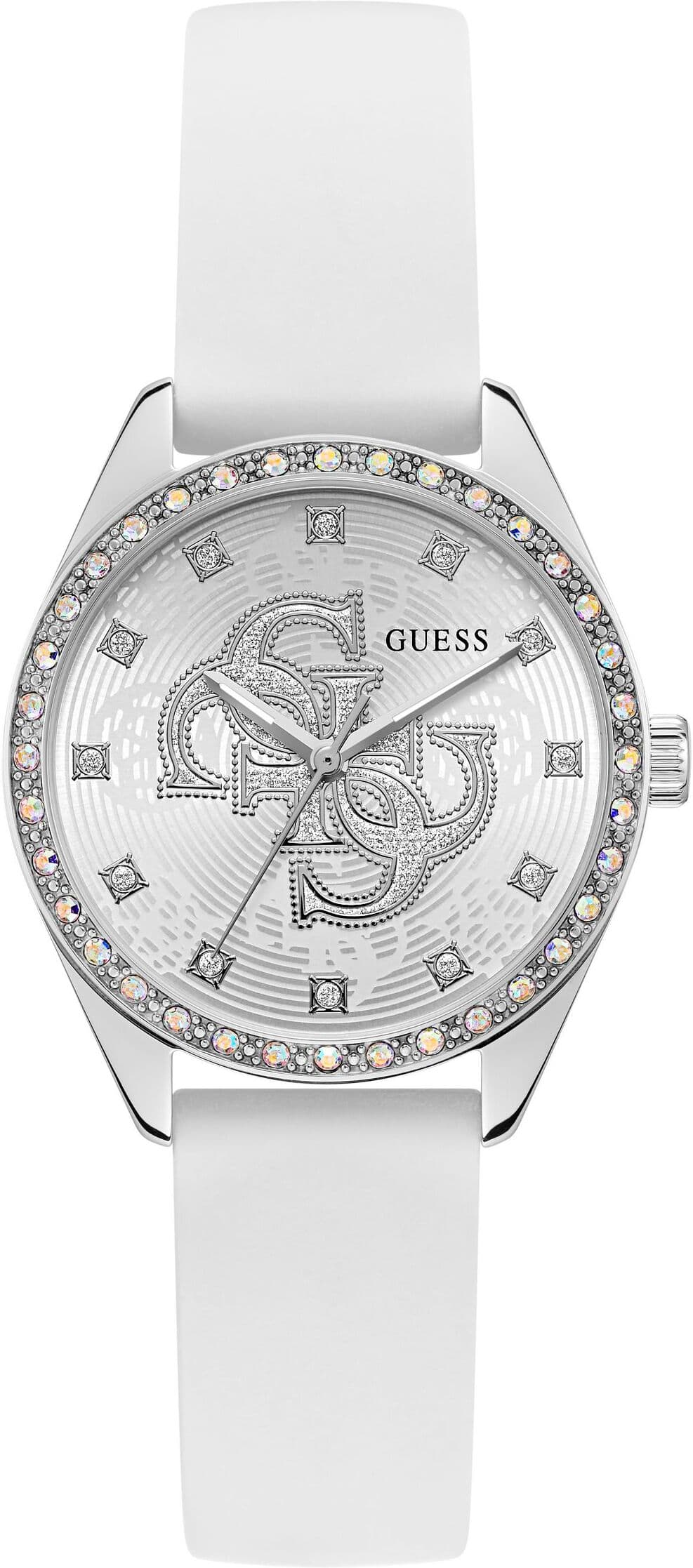 Quarzuhr GUESS "AVA", weiß, silberfarben, Armbanduhren, Damen, Quarzuhr, Armbanduhr, Damenuhr, Silikonarmband, analog