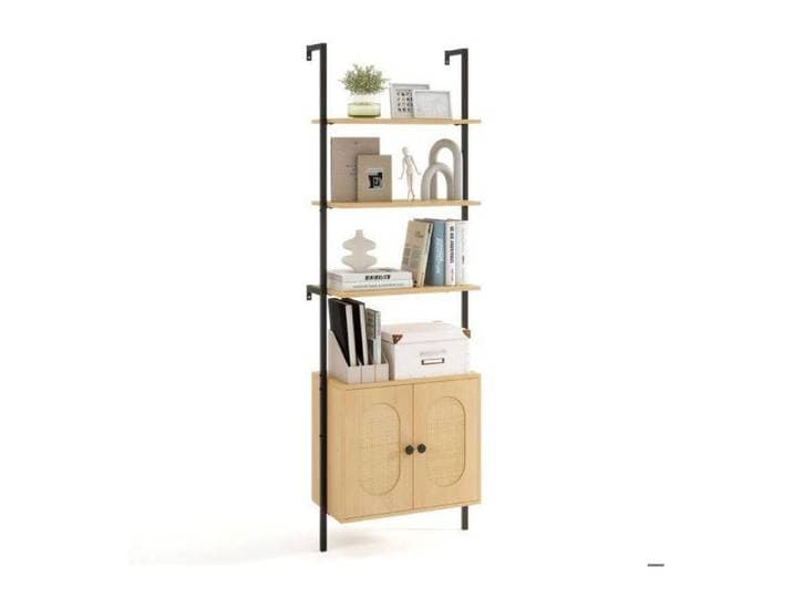 Bibliothèque 4 étagères avec meuble rotin étagère de rangement pour salon tablette réglable et fixation murale