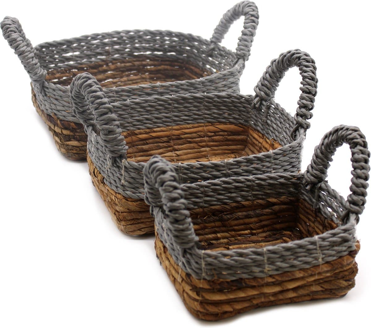 Set van 3 vierkante manden van bananenblad en grijs raffia van Ancient Wisdom