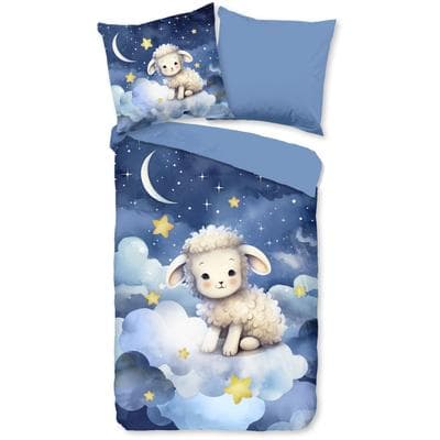 Kinderbettwäsche "Sheepy", blau, B/L: 135cm x 200cm, 1 Stk., 1 Stk., Microfaser, B/L: 80cm x 80cm, 2 Stk., Microfaser, Obermaterial: 100% Polyester, PURE LUXURY COLLECTION, Bettwäsche, Mikrofaser, 135x200, 2 Teilig, Wendeoptik, Kind, Schaf, Weltall