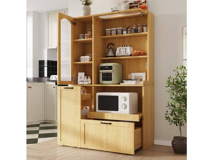 Buffet de cuisine highboard EVRYAE 98 x 40 x 177 cm avec etageres reglables tablette coulissante et verre rainure