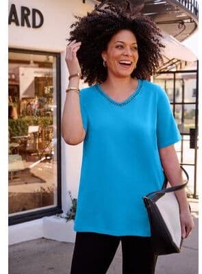Plus Size Women's Suprema® Crochet V-Neck Tee by Catherines in Turkish Tile (Size 3X)