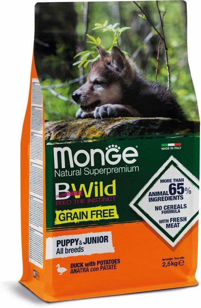 Monge BWild Grain Free Formula All Breeds Puppy & Junior Anatra con Patate 2,5 kg Crocchette per Cani Cuccioli