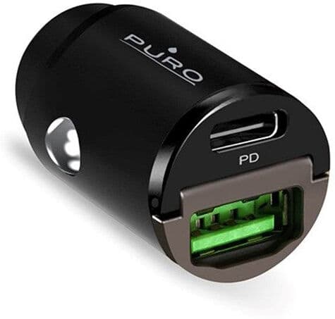Puro PD (Power Delivery) 30W Mini Biloplader m. USB-A og USB-C - Sort