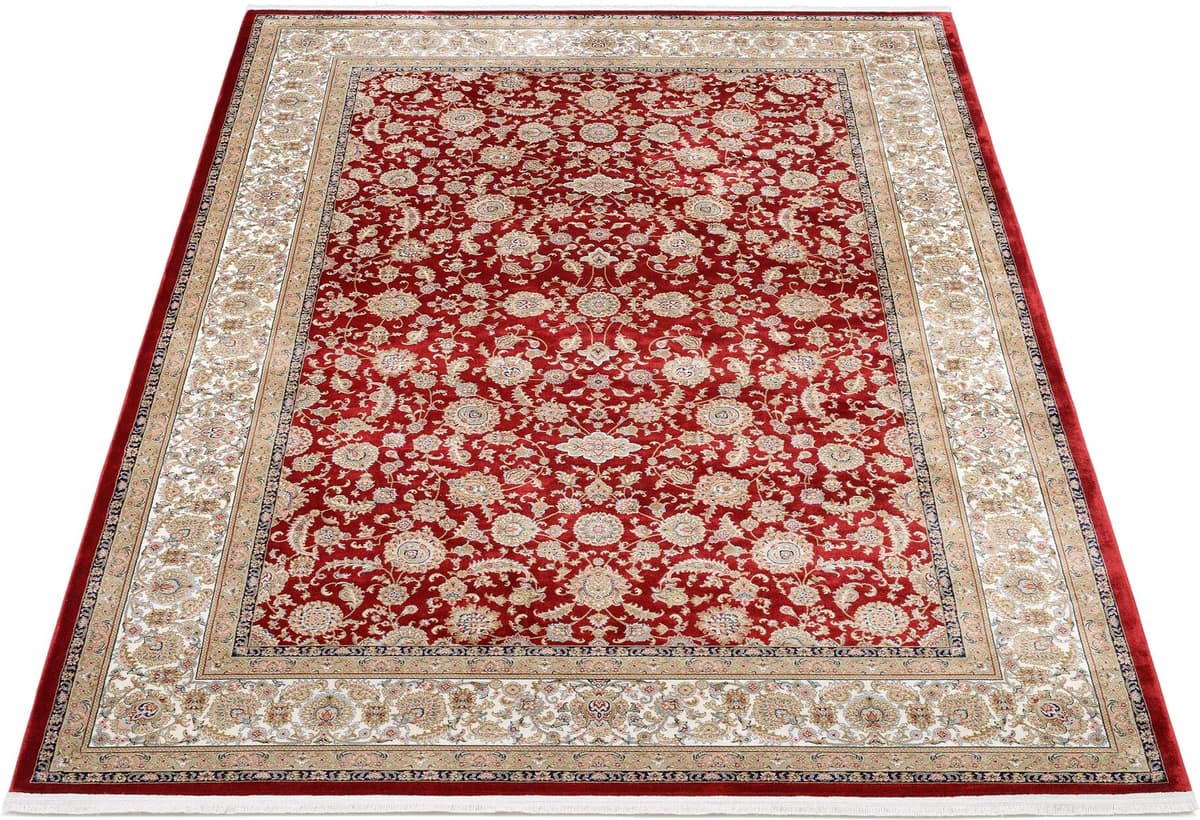 OCI DIE TEPPICHMARKE "INSPIRATION KESHAN" rechteckig 12 mm Höhe Glanz Viskose, mit Fransen, Hoch Tief Struktur, Vintage, Wohnzimmer rot, creme B : 67cm 1 Stk., 12mm, L: 130cm