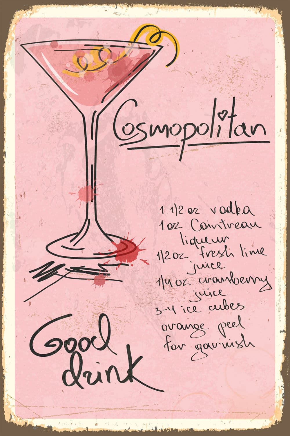 Metallbild QUEENCE "Cosmopolitan", schwarz (farbe bild(er): schwarz), B:30cm H:20cm, Metall, Stahl, Bilder, Metallbild, Stahlschild, Blechschild, Rezept, Cocktail, rosa, Wanddeko farbe bild(er): schwarz B/H/T: 30cm x 20cm, Metallbild Getränke Schriftzug S