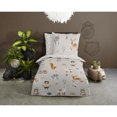 Kinderbettwäsche GOOD MORNING "Woody", grau, B/L: 135cm x 200cm, 1 Stk., 1 Stk., Renforcé, B/L: 80cm x 80cm, 2 Stk., Renforcé, Obermaterial: 100% Baumwolle, Bettwäsche, Baumwolle, 135x200, Reißverschluss, Wende, Kind, Simple, Tier, Grau
