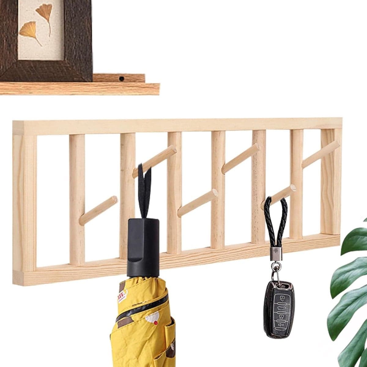 Decoratieve houten wandhaken - Draaibare organizer voor ruimtebesparing - Houtkleur - B/D/H: 32 x 19 x 8 cm