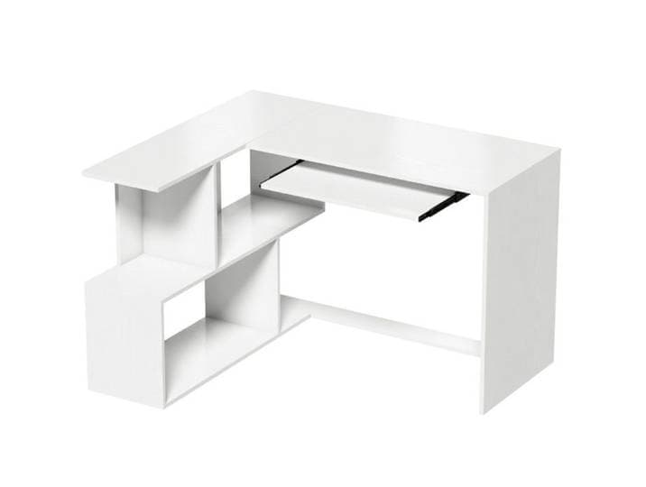 Bureau d'angle blanc avec tablette clavier et étagères ouvertes effet bois 120 x 100 x 76 cm