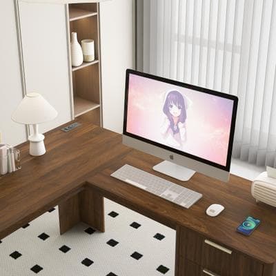 L Shaped Storage Computer Desk with Drawers and Bookshelf