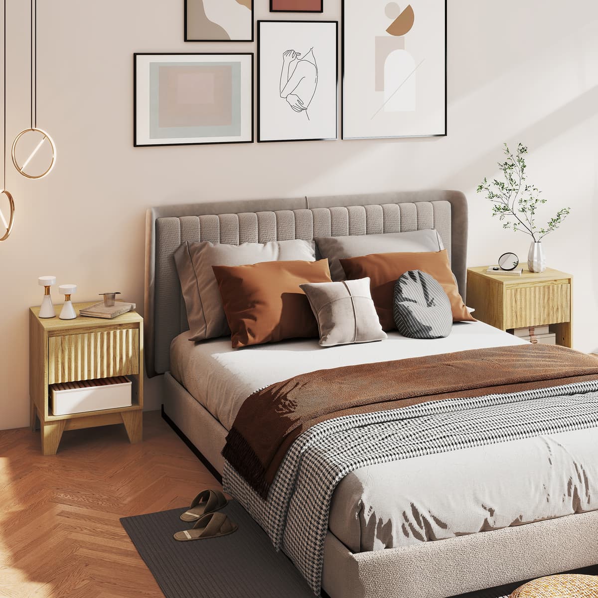 Homcom Set di 2 comodini stretti, con vano aperto e 1 cassetto, pannelli a scanalatura 43x40x55cm Legno naturale   Aosom Italy