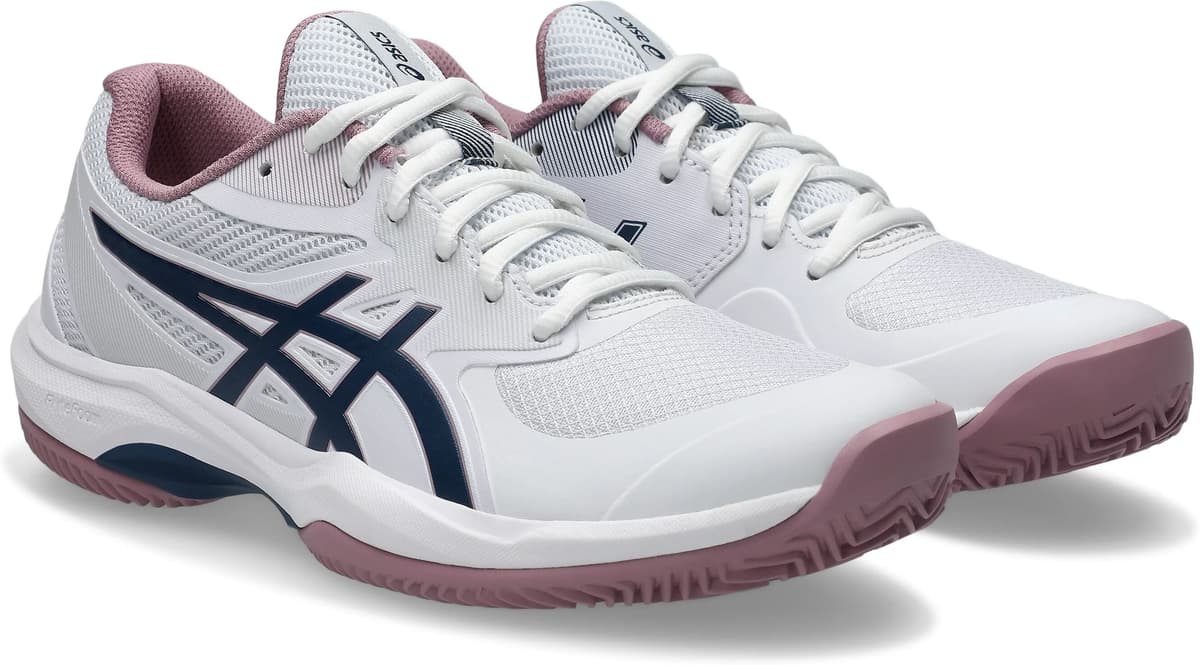 Tennisschuh ASICS "GAME FF CLAY", Damen, Gr. 43,5, weiss (weiß, independence blau), Synthetik, Schuhe Tennisschuh, Sandplatzschuhe für Ascheplätze weiß, independence blau 43,5