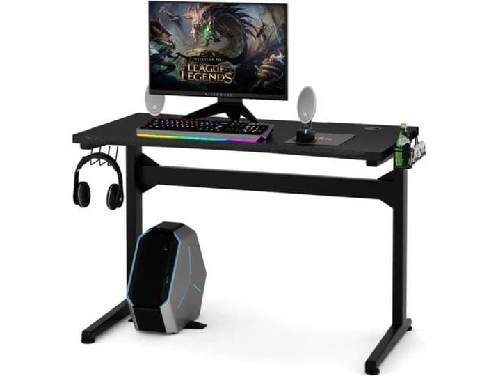COSTWAY Bureau Gamer Ergonomique Bureau Informatique avec Porte-Gobelet Support pour Casque et Tapis de Souris 115x60x76cm Noir