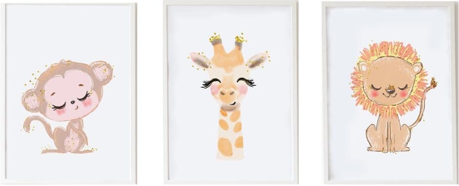 Crochetts Pack encadré bois blanc impression le girafe et lion 43X33 cm Blanc 3x43x33cm