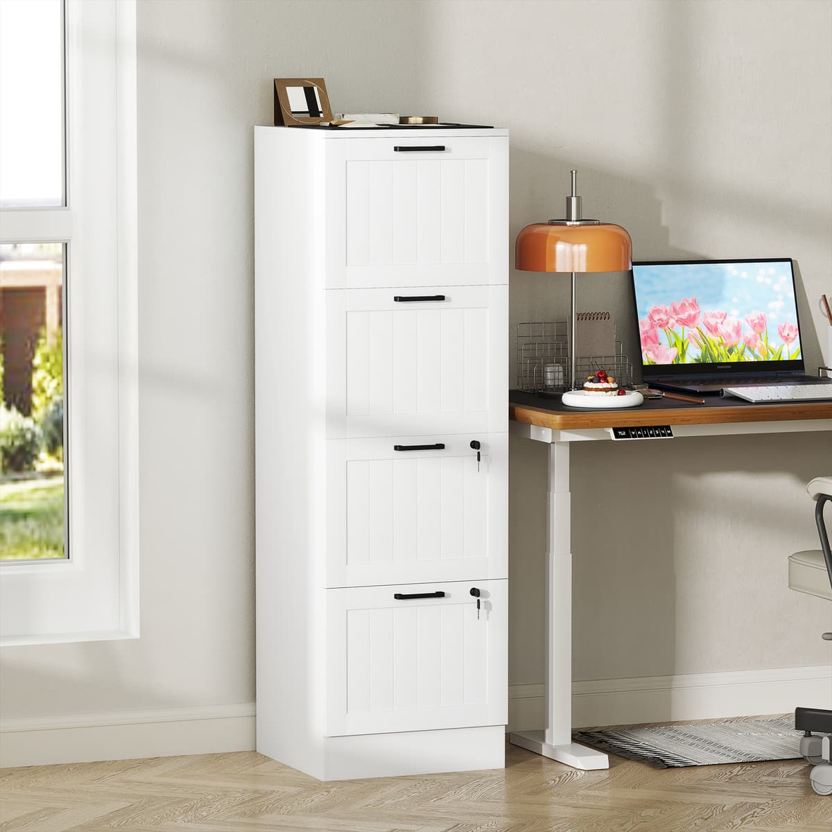 Homcom Cassettiera Portadocumenti a 4 Cassetti con Binario Regolabile e 2 Serrature, in Legno, 40x40x131 cm, Bianco   Aosom Italy