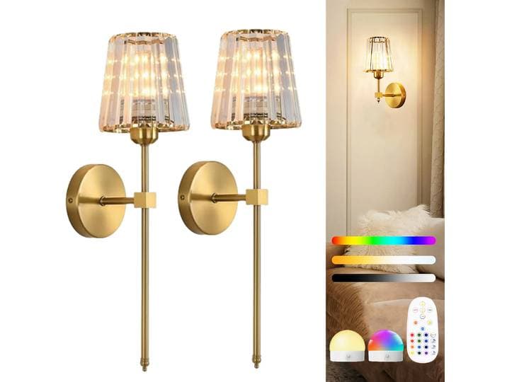 Applique murale en cristal à piles, applique murale sans fil dorée avec ampoule rechargeable par USB, applique murale à intensité variable avec 15 couleurs et télécommande, idéale pour la chambre, le