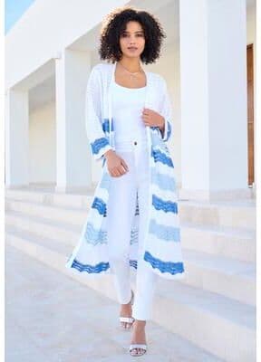 Plus Size Women's Long Pointelle Cardigan Sweater by Roaman's in White Blue (Size L)