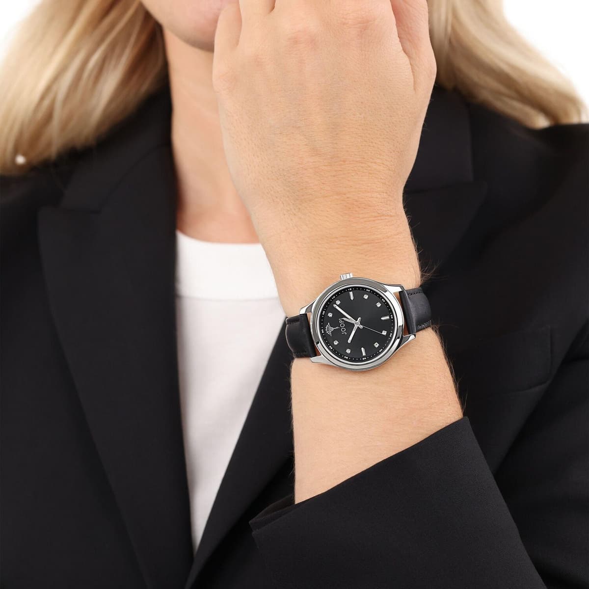 Joop! Quarzuhr JOOP, schwarz (schwarz, schwarz), Armbanduhren, Damen, silberfarben, Quarzuhr, Armbanduhr, Damenuhr, Lederarmband, analog, Kristallsteine