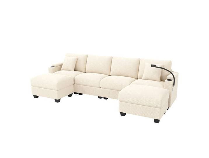 Canapé d'angle/U modulable 275 5x139x87 cm convertible avec support pour téléphone USB 6 places Tissu Beige